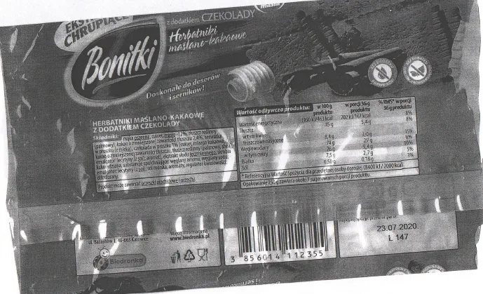 Wykrycie substancji alergennej – dwutlenku siarki w produkcie pn. ,,Ekstra chrupiące Bonitki z dodatkiem czekolady.Herbatniki maślano-kakaowe z dodatkiem czekolady”