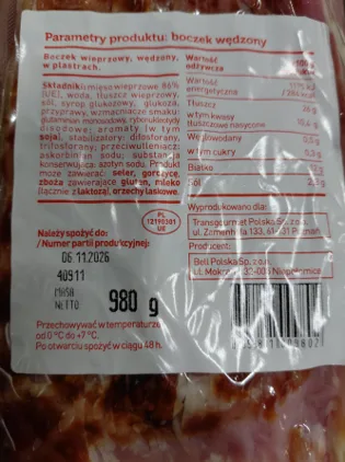 Etykieta na opakowaniu boczku wieprzowego wędzonego w plastrach