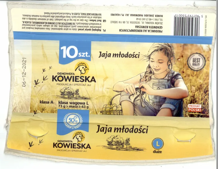 10 Świeżych jaj z chowu klatkowego, klasa A, klasa wagowa L, Jaja młodości Genowefa Kowieska