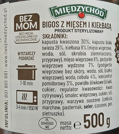Opakowanie bigosu z mięsem i kiełbasą_500_g widok z boku etykiety z widocznymi składnikami