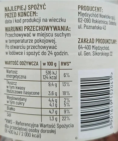 Opakowanie bigosu z mięsem i kiełbasą_500_g widok z boku etykiety z widocznymi wartościami odżywczymi i kodem paskowym