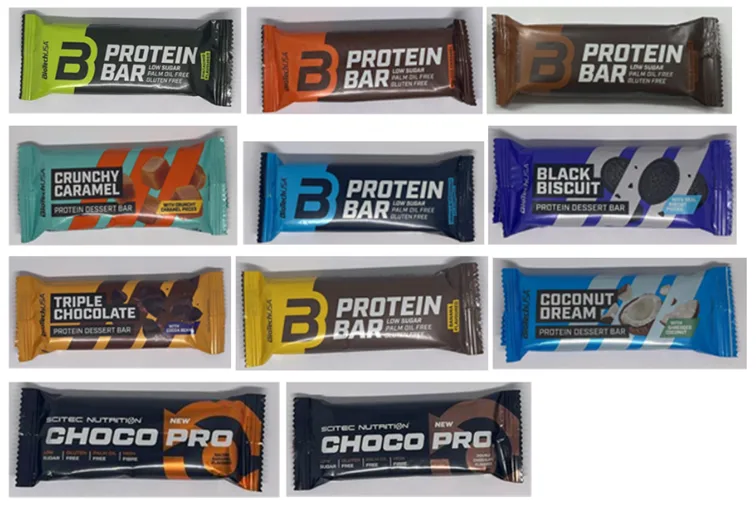 Zdjęcia przedstawia 8 batoników proteinowych