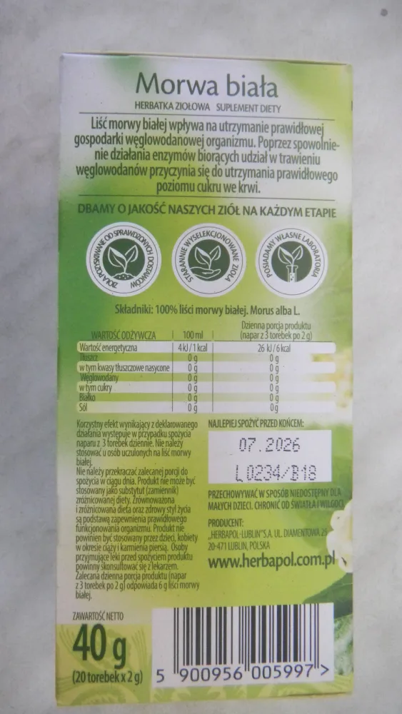 Morwa biała Herbata ziołowa, Zielnik Polski, 40 g (20 torebek x 2 g)