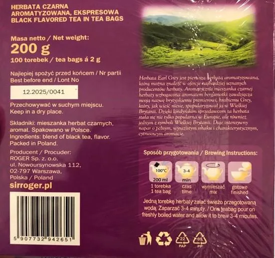 Herbata Earl Grey tył opakowania