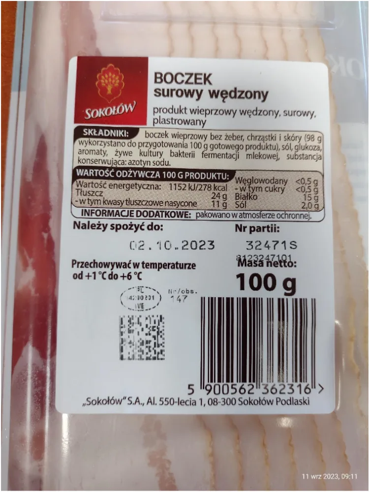 Boczek surowy wędzony Sokołów 100 g