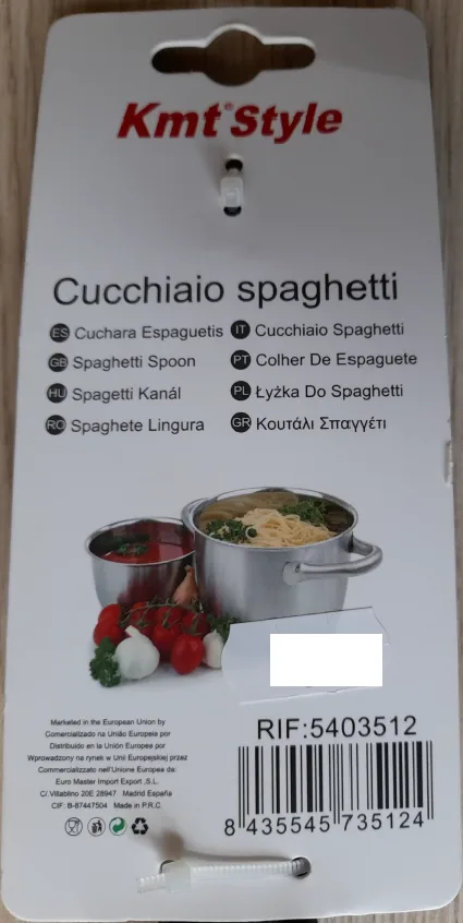 Łyżka do spaghetti KMT Style. Tylna część opakowania. Widoczny nr partii 5403512.