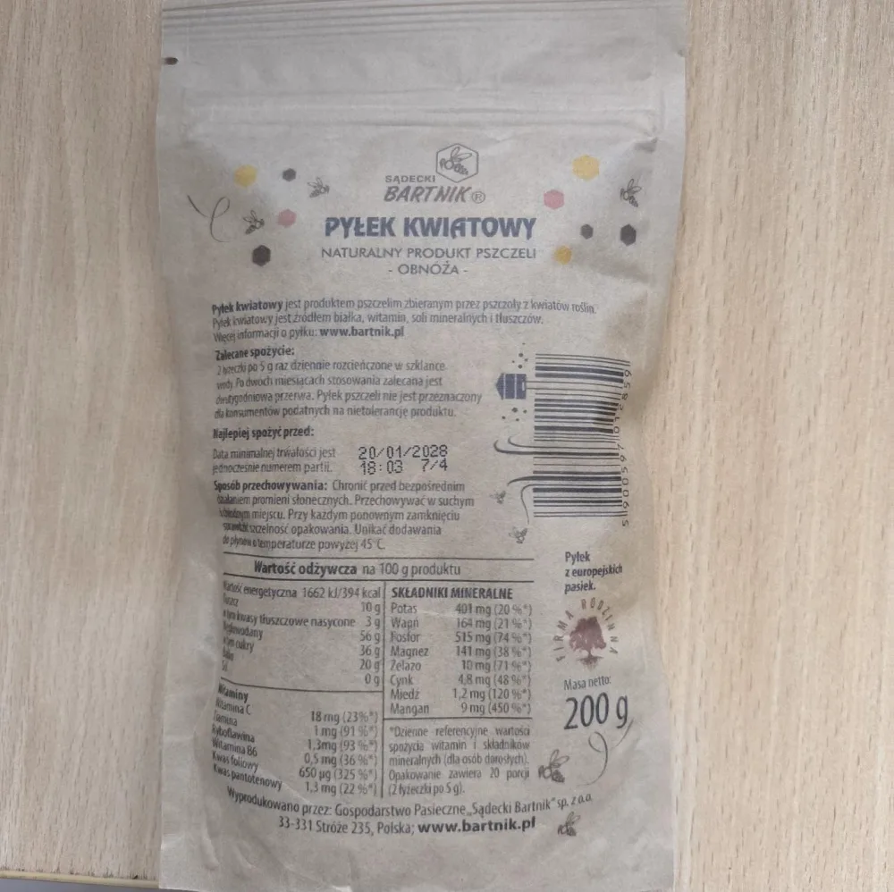 Opakowanie produktu Pyłek kwiatowy Sądecki Bartnik tył opakowania