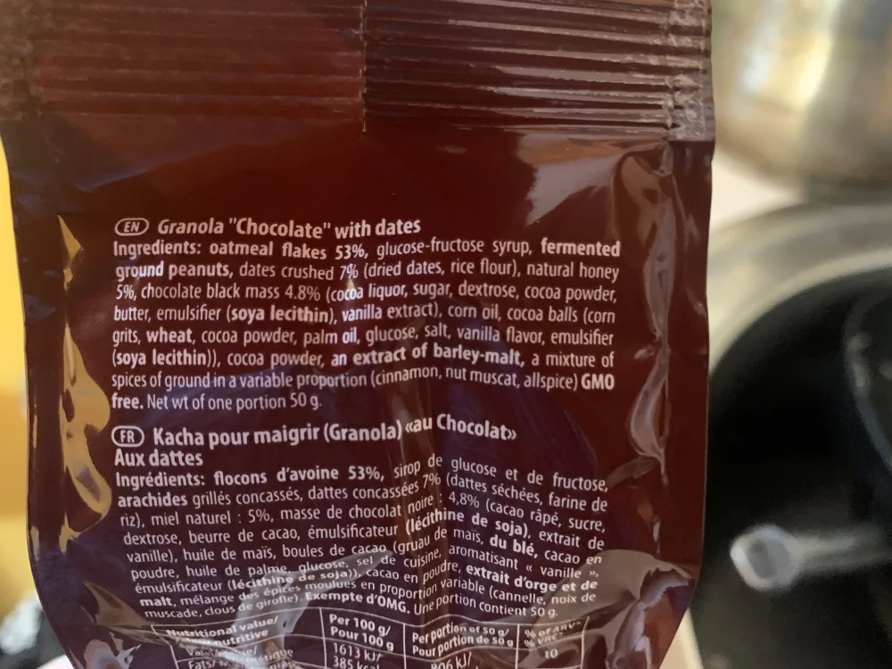 Granola skład produktu w języku angielskim i francuskim