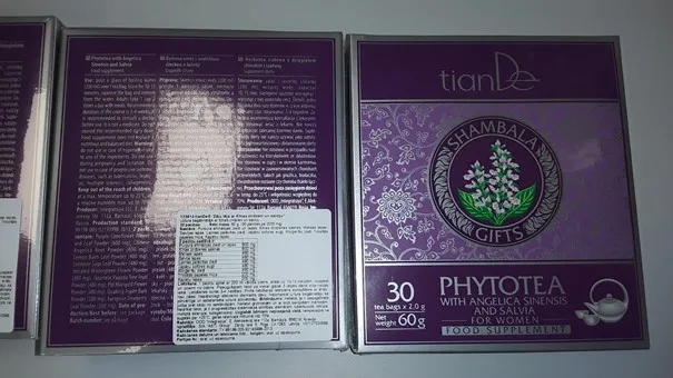 „tianDe Phytotea with Angelica Sinensis and Salvia 60g" (herbatka ziołowa z dzięgielem chińskim i szałwią),