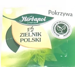 Opakowanie herbatki ziołowej Pokrzywa, Zielnik Polski, 20 torebek widok z boku drugiego
