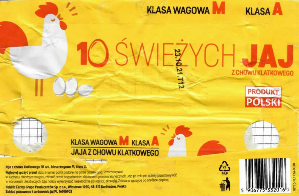 Jaja z chowu klatkowego.10 świeżych jaj. Klasa wagowa M, klasa A